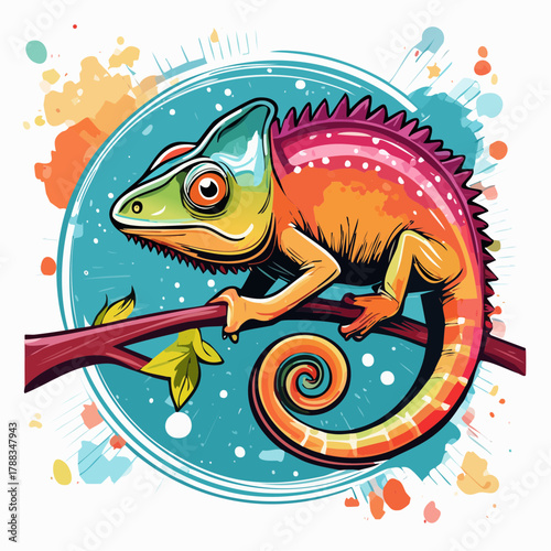 buntes Chamäleon mit großen Augen auf einem Ast - Comic Cartoon Stil