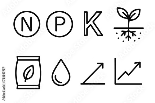 Nutrient Management Icons. Nutrient Management linear icon set: nitrogen symbol, phosphate, potassium, plant roots, soil layer, bag, droplet, graph.