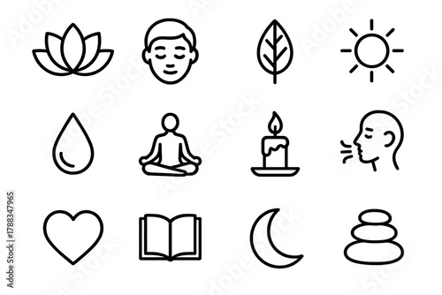 Mindfulness Icon Set. Mindfulness linear icon set: lotus flower, calm face, leaf, sun, water droplet, yoga pose, candle, breathing icon, heart, book, moon, balance stones.