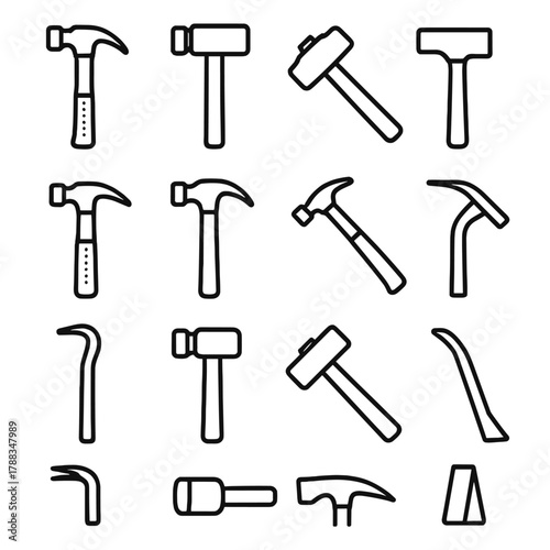 Hammer Icons Collection. Construction Hammers linear icon set: framing hammer, sledgehammer, claw hammer, club hammer, masonry hammer, roofing hammer, tack hammer, pry bar, nail