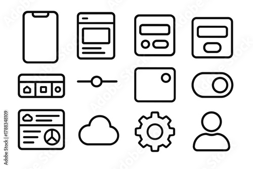 App Interface Prototype. Mobile Prototyping linear icon set: smartphone screen, app window, button layout, input field, menu bar, slider control, notification badge, toggle switch,