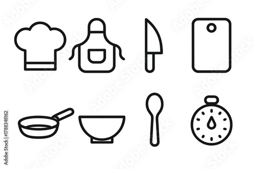 Cooking Class Icons. Cooking Class Essentials linear icon set: chef hat, apron, knife, cutting board, pan, bowl, spoon, timer.