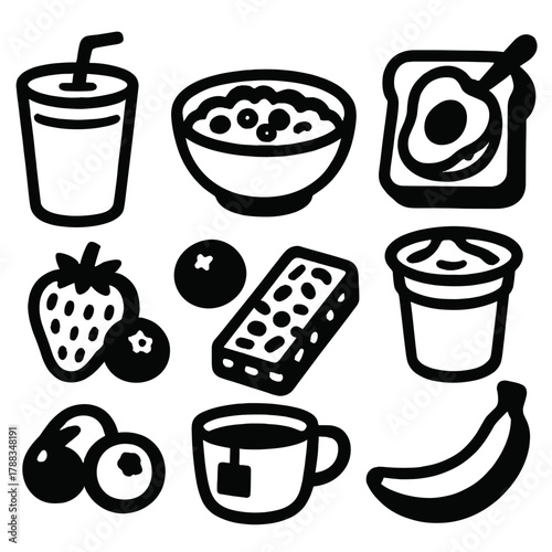 Bold Breakfast Icons. Healthy Breakfast silhouette icon set: smoothie, oatmeal bowl, avocado toast, yogurt cup, berries, granola bar, green tea, banana.