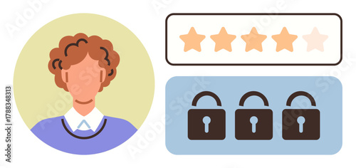 Portrait of a user profile with curly hair, five-star rating bar, and three lock icons emphasizing security. Ideal for feedback, privacy, user trust, authentication, reputation, reviews or customer