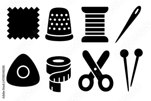 Brutalist Sewing Icons. Sewing Textiles Set silhouette icon set: fabric swatch, thimble, spool, needle, tailor chalk, tape, scissors, pins.
