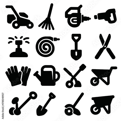 Bold Lawn Care Icons. Lawn Care Tools silhouette icon set: lawn mower, rake, hedge trimmer, leaf blower, sprinkler, hose, spade, shears, gloves, watering can, edger, wheelbarrow. ,