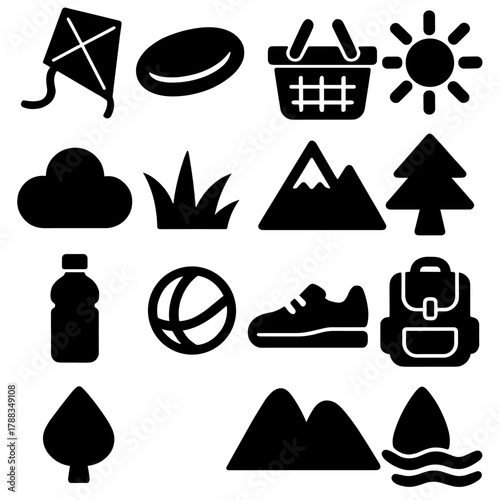 Outdoor Activity Icons. Recreational Outdoors silhouette icon set: kite, frisbee, picnic basket, sun, cloud, grass, mountain, tree, water bottle, ball, shoe, backpack.