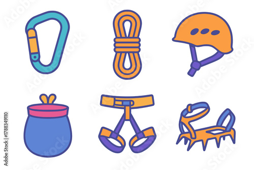 Minimal Climbing Gear Icons. Climbing Gear flat icons: Carabiner, Rope, Helmet, Chalk Bag, Harness, Crampons.