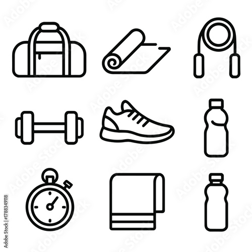 Fitness Icon Set. Fitness Training Set linear icon set: gym bag, mat, shoes, jump rope, dumbbell, timer, towel, water bottle.