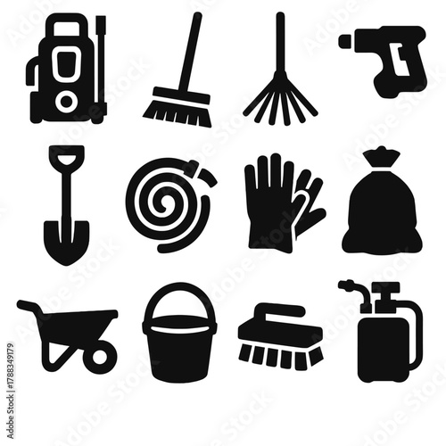 Brutalist Cleaning Equipment Icons. Outdoor Cleaning Equipment silhouette icon set: pressure washer, broom, rake, leaf blower, shovel, garden hose, gloves, trash bag, wheelbarrow,
