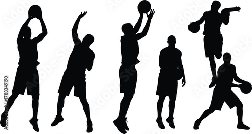Basketball player silhouette in different action poses, jump shot, dribbling, dunk, teamwork, athletic sports illustration, training and competition concept, isolated background