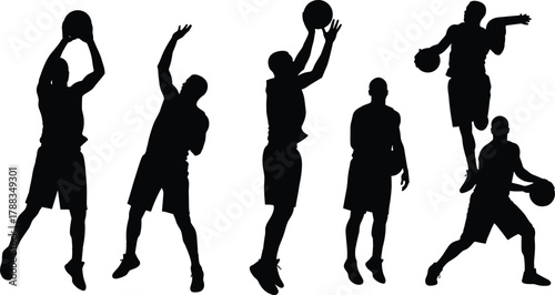 Silhouette of basketball players shooting, dribbling, and jumping with ball, isolated on white background, dynamic sports action concept illustration