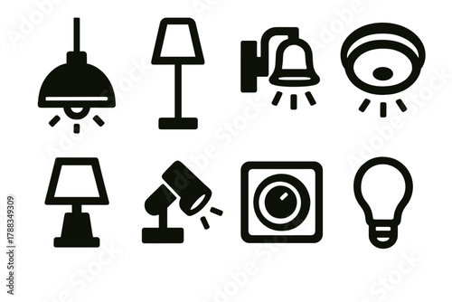 Brutalist Lighting Icons. Interior Lighting silhouette icon set: pendant lamp, floor lamp, wall sconce, ceiling light, table lamp, spotlight, dimmer switch, bulb.