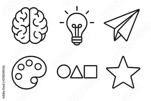 Innovative Icons Design. Creative visionary thinking linear icon set: brain, light bulb, paper plane, palette, geometric shapes, star.