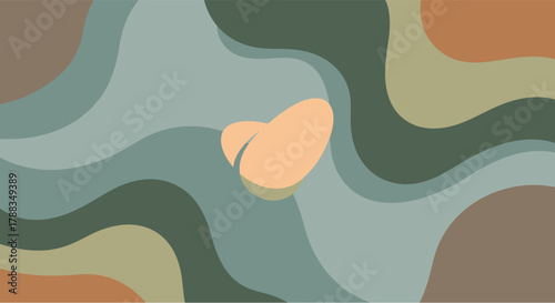 Modern abstract illustration with flowing organic shapes in muted earth tones, featuring a soft central element, creating a harmonious and calming visual experience