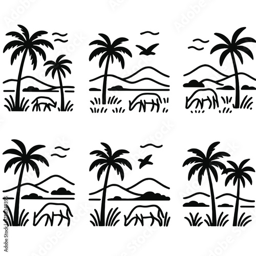 Tropical Savanna Icons. Tropical Savanna linear icon set: palm trees, warm breeze, grazing animals, distant hills, clear sky, bird in flight.