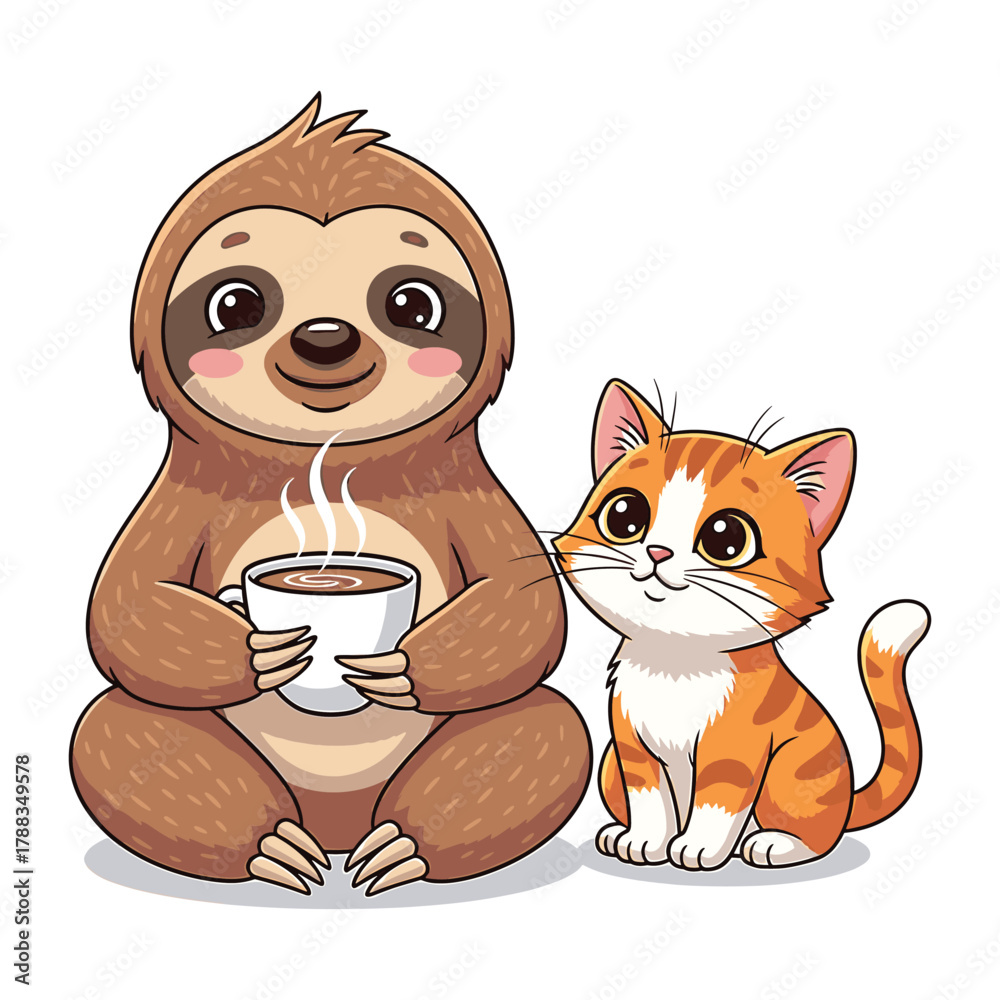 Obraz premium Cartoon sloth holding coffee cup with cat on white background hot drink