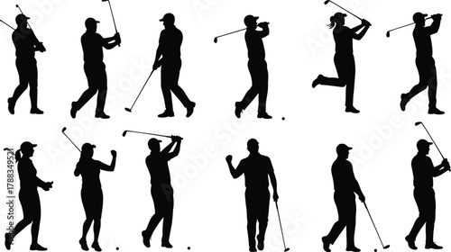 Silhouette of golfer swinging club during training, professional man practicing golf swing motion sequence isolated on white background for design