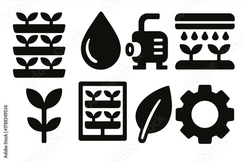 Brutalist Farming Icons. Vertical Farming silhouette icon set: stacked trays, water droplet, pump, LED light, plant, wall system, leaf, gear.