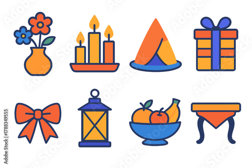 Decorative Icon Set. Decorative Arrangement Icons flat icons: floral vase, candle trio, napkin fold, gift display, ribbon detail, lantern, fruit bowl, elegant table