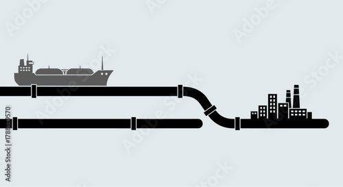 Strategic energy logistics network illustration tanker ship delivering vital resources through an expansive pipeline infrastructure to a modern industrial factory