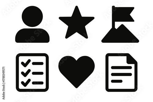 Brutalist Icon Set. Personal recognition silhouette icon set: person icon, star, flag on mountain, checklist, heart, document.