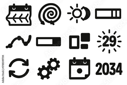Brutalist Time Icons. Year Extension silhouette icon set: stretched calendar, spiral clock, sun and moon cycle, day counter, timeline curve, extended bar, extra block, glowing 29,