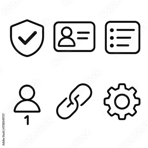 Simplified Digital Identity. Digital Identity linear icon set: verified badge, bio card, activity log, follower count, link icon, account settings.