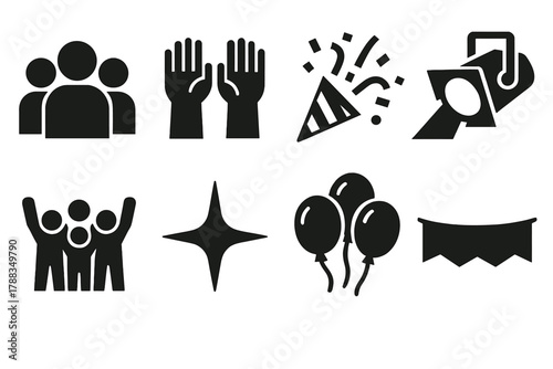 Celebratory Event Icons. Crowd Set silhouette icon set: group of people, raised hands, confetti burst, stage spotlight, cheering figures, star sparkle, balloon bunch, banner