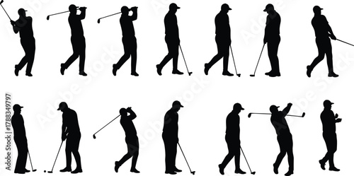 Silhouette sequence of male golfer swinging golf club, professional athlete performing golf swing motion on white background for sports illustration