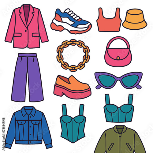 Modern Fashion Icons. Fashion Trends flat icons: oversized blazer, chunky sneakers, crop top, wide-leg pants, bucket hat, chain necklace, mini bag, statement sunglasses, denim