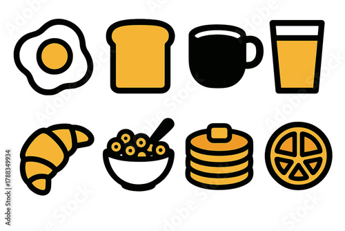 Bold Breakfast Icons. Breakfast Concept silhouette icon set: fried egg, toast, coffee cup, orange juice, croissant, cereal bowl, pancake stack, fruit slice.