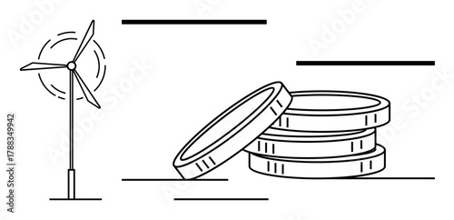 Wind turbine generating energy beside stacked coins symbolizing eco-friendly profits. Ideal for renewable energy, green finance, sustainability, business growth, clean energy, eco-conscious