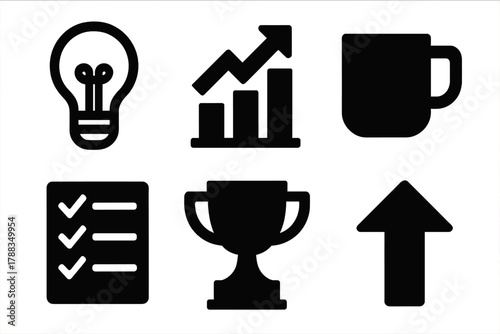 Motivation Icon Set. Work Motivation silhouette icon set: lightbulb idea, progress chart, coffee mug, task list, trophy, upward arrow.