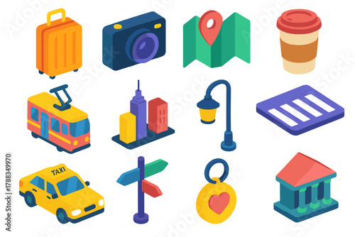 Urban Travel Icons. City Escape modern flat icons set: suitcase, camera, map, coffee cup, tram, skyline, streetlight, crosswalk, taxi, street sign, souvenir keychain, museum