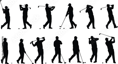 Silhouette sequence of male golfer swinging club, professional golf player motion illustration, athletic sports training concept on white background