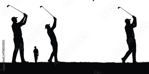 Golf players silhouette swinging club on grass field, outdoor sports teamwork, recreation activity, motion practice, fitness lifestyle concept, precision