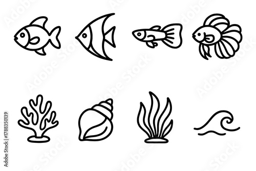 Tropical Fish Icons. Tropical Fish Icons linear icon set: goldfish, angelfish, guppy, betta, coral, shell, seaweed, water wave.