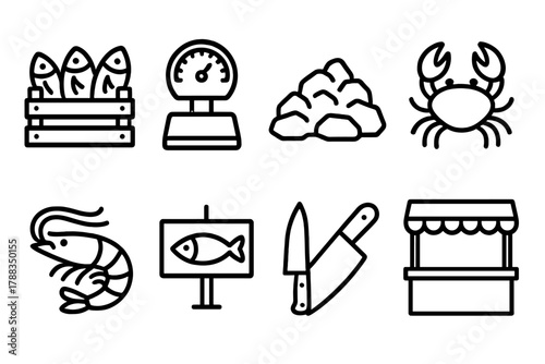 Seafood Market Icons. Market Seafood linear icon set: fish crate, weighing scale, ice pile, crab, shrimp, fish sign, knife, stall counter.