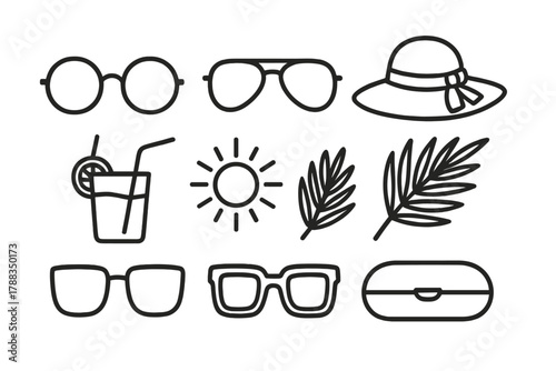 Summer Icon Collection. Summer Sunglasses Set linear icon set: round frames, aviators, square sunglasses, beach hat, drink, sun, palm leaf, case.