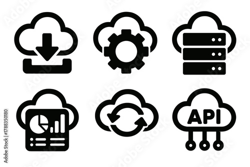 Bold Cloud Icons. Cloud Services silhouette icon set: SaaS symbol, PaaS gear, IaaS icon, cloud dashboard, automation arrows, integration API.