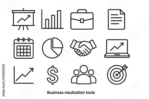 Business Icon Set. Business Visualization Tools linear icon set: presentation board, bar chart, briefcase, document page, calendar, pie chart, handshake, laptop, growth arrow,