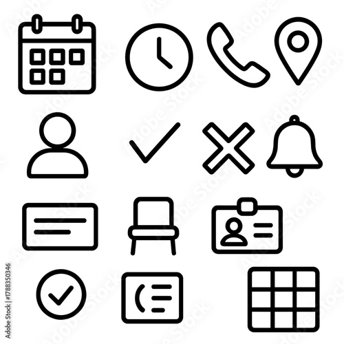 Scheduling Icon Set. Appointment Scheduling linear icon set: calendar page, clock face, phone, location pin, user profile, confirm checkmark, cancel cross, reminder bell, note card