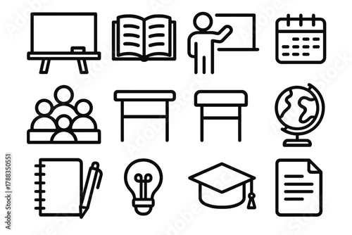 Classroom Icon Set. Classroom Teaching linear icon set: chalkboard, open book, teacher icon, student group, desk, calendar, notebook, pen, globe, graduation cap, idea cloud, paper