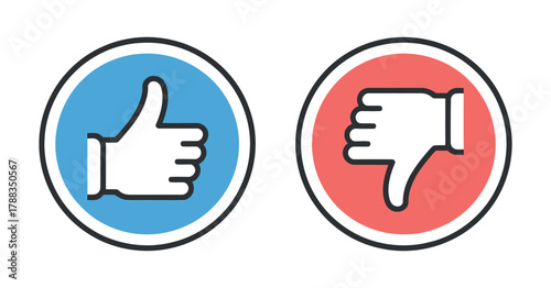 Thumbs up and down icon, concept of like and dislike, symbol of approval and disapproval, good and bad feedback isolated on transparent background