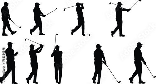 Golfer silhouette sequence showing golf swing motion, sports training, outdoor fitness, professional technique, athletic action, practice, performance, and recreation art