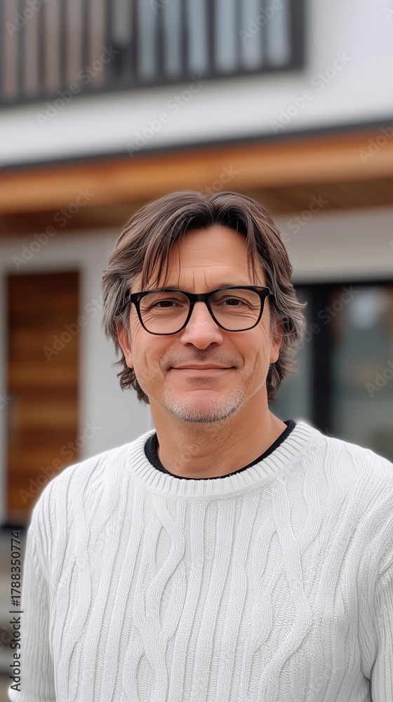 Fototapeta premium Man Smiles Warmly While Standing Outside a Modern Home on a Sunny Day