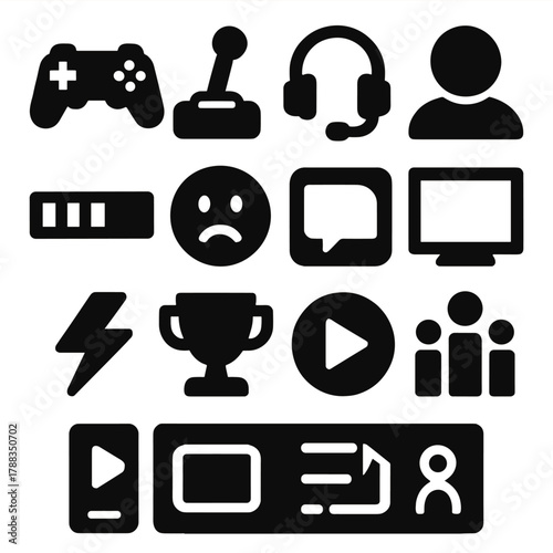 Bold Gaming Icons. Gaming Real-Time Interaction silhouette icon set: game controller, joystick, headset, avatar icon, progress bar, reaction emoji, chat window, screen frame,