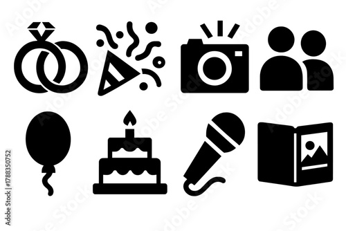 Event Icons Collection. Event Photography silhouette icon set: wedding rings, party confetti, camera flash, guest icons, balloon, cake, microphone, photo album.