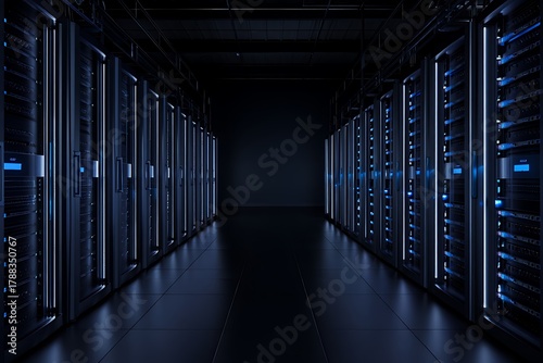 Modern data center with server racks and dark moody atmosphere